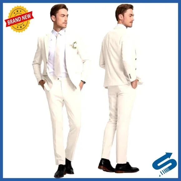 Men's Slim Fit Linen Blend Suit 2-Piece Set Formal Casual Wedding
